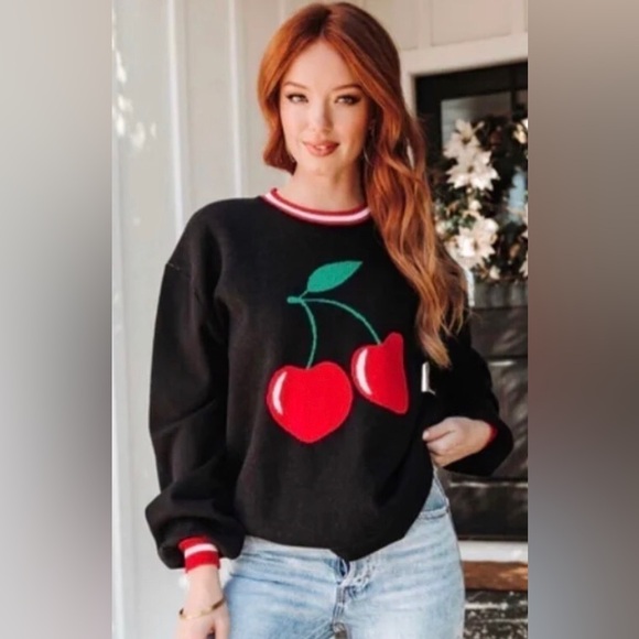 VICI cherry graphic black & red pullover knit crewneck sweater NEW 🎉SALE - Picture 15 of 16